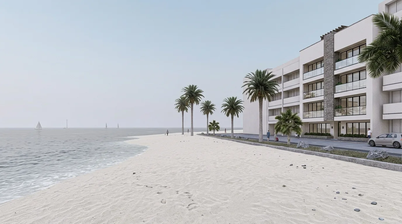 Estoril Beach on Boa Vista — white sand and palms beside the Ocean Crest development, with sailboats offshore