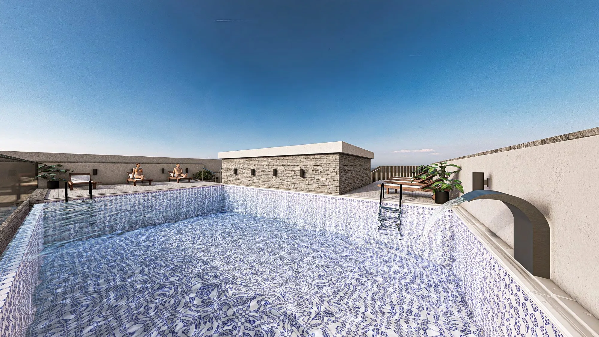 Rooftop infinity pool with mosaic tiles