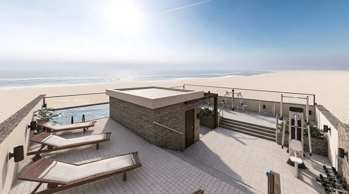 Ocean Crest rooftop pool and gym deck overlooking the beach on Boa Vista